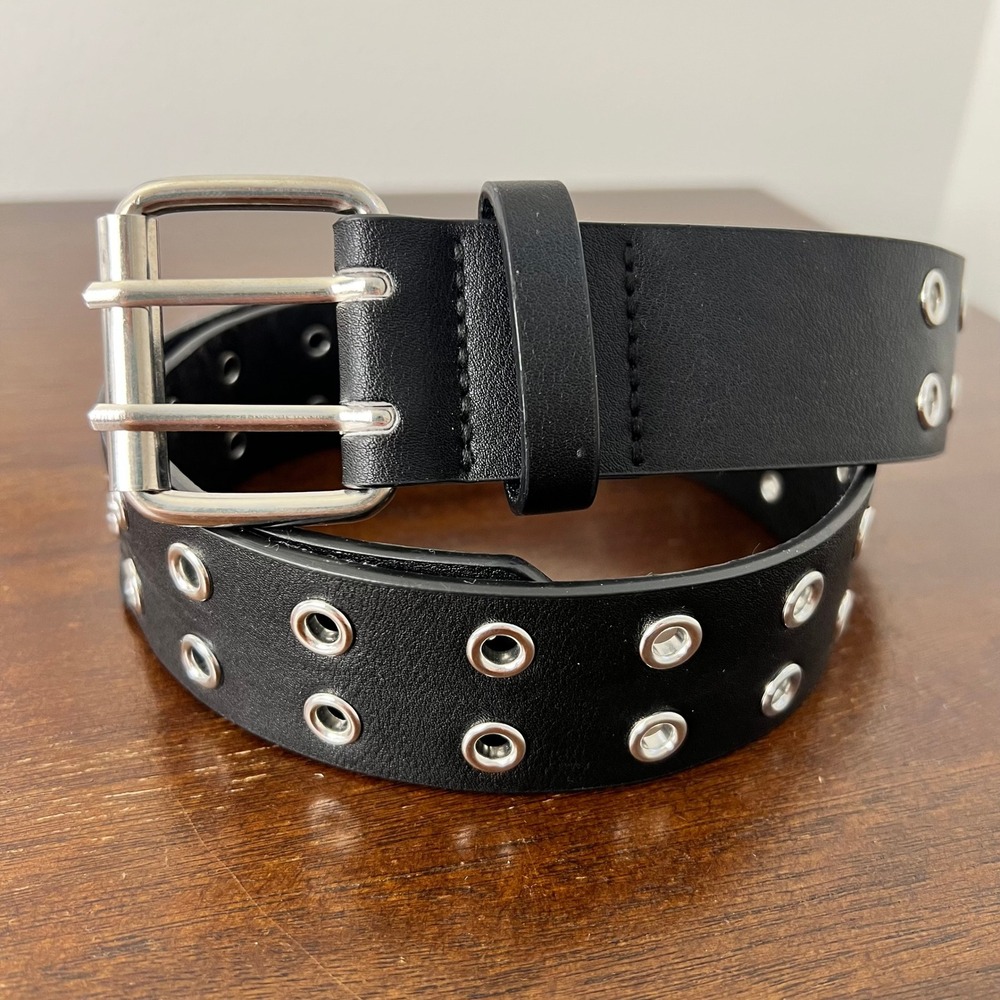 Black Faux Leather Silver Double Prong Buckle 1.5 Inch Wide Studs Baddie Indie